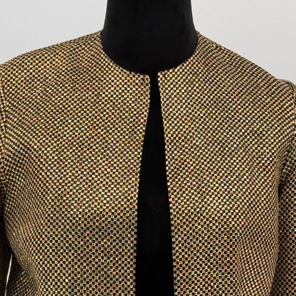 2/$18 SALE! Vtg Caron Metallic Jacket Womens 4 Gold Black Check‎ Evening Blazer - Picture 6 of 8